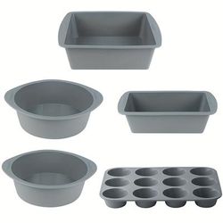 TEMU 5pcs Nonstick Silicone Baking Set - Includes Round & Square Cake Pans, Loaf Pan, Muffin Pan - Cakes, Bread, Pizza | Heat Resistant & Easy To Clean | Ideal For Halloween, Christmas, Easter