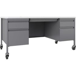 Lorell 66946 Desk, Double-Pedestal, Mobile, 60"x30"x29-1/2", White/Platinum LLR66946