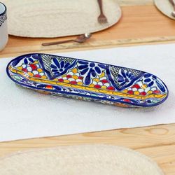 'Spring-Themed Talavera-Style Blue and Yellow Ceramic Platter'