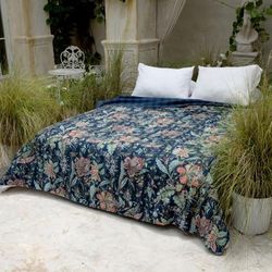 Midnight Spring,'Floral Kantha Embroidered Indigo Blue Cotton Queen Bedspread'