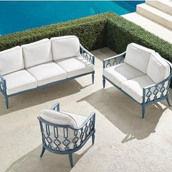 Avery 3-pc. Sofa Set in Moonlight Blue Aluminum - Standard, Outdoor Velvet Dove - Frontgate