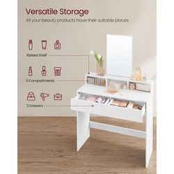 TEMU Dressing Table With Large Rectangular Mirror, Vanity Table With 2 Drawers And 3 Open Compartments, Vanity Table, White