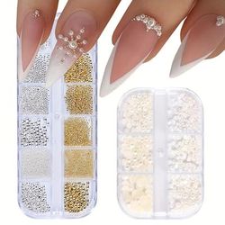 TEMU 1000pcs (2 Boxes) Of Nail Flat Pearls, White Half-round Nail Art Supplies, Luxurious Accessories, Mixed Rhinestones In Sizes From 0.8mm To 5mm For Women's Nail Decoration.