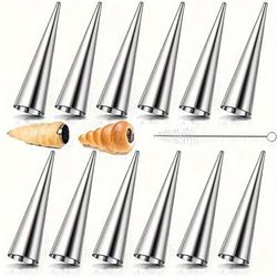 TEMU [12pcs Stainless Steel Pastry Molds] 12pcs Stainless Steel Horn Molds With Cleaning Brush, Cone-shaped Pastry Tubes For Croissants, Dessert & Bread Baking, Diy Kitchen Baking Tools