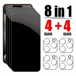 TEMU Privacy Tempered Glass Screen Protector, 4pcs Full Coverage For Iphone 11-16 Pro Max, Plus, With 4pcs Camera Lens, Universal Fit