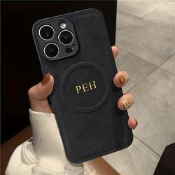 TEMU Customized Magnetic Support Wireless Charging Phone Case For Iphone 16 15 14 11 Pro Max Personalized Name Initials Letters 3d Engraved Luxury Lambskin Leather Case