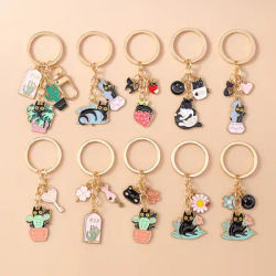 Cute Enamel Cartoon Cat Keychain Potted Plant Flower Key Ring for Women Girls Handbag Pendants DIY Handmade Jewelry Gift