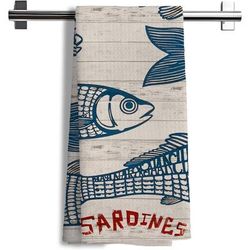 TEMU 1pc Modern Sardine-themed Polyester Kitchen Towel, Super Soft Woven Fish Print Dish Cloth, Cartoon Style, Machine Washable, For Coastal Beach Kitchen Decor