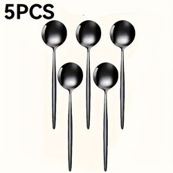 TEMU Set Of 5 Black Stainless Steel Coffee Spoons - Mirror Polished, Dishwasher Safe, Ideal For Coffee, Sugar, Desserts - Home, Kitchen, Restaurant Use