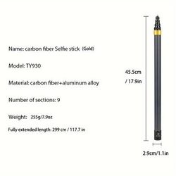 TEMU Ty930 Extendable Carbon Fiber Selfie Stick, 9-section Telescopic Pole For Action Cameras, Compatible With , 299 Cm Max Length, Handheld Monopod Accessory