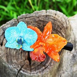 'Summer-Themed Turquoise and Orange Orchid Flower Hair Clip'