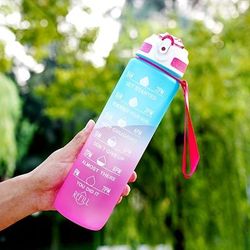 TEMU Gradient Color 1000ml Sports Water Bottle With Time Marker, High-temperature Resistant Plastic Straw Cup, Fashionable For Men And Women, Leakproof With Carry Strap