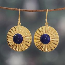 'Sun-Themed Polished Brass and Lapis Lazuli Dangle Earrings'