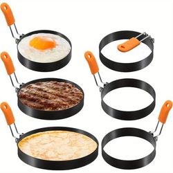 TEMU 6pcs Professional Egg Ring Pancake Ring Set, Stainless Steel Fried Egg Ring Griddle Pancake With Orange Silicone Handle For Omelette Sandwich