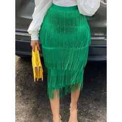 Frange verte moulante jupes crayon gland taille haute femmes gaine extensible longueur Midi dames mince Jupe Saias faldas