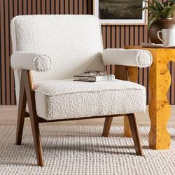 Georgina Japandi Cream Boucle and Walnut Brown Wood Accent Chair by Wholesale Interiors INC in Cream (Size ONE SIZE)
