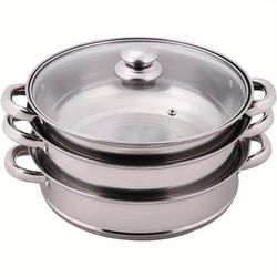 TEMU 27cm Steamer Pot 3 Tier Induction Hob Stainless Steel Pan Cooker Set Glass Lid