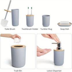 TEMU 6pcs Bathroom Accessories- Bathroom Bin And Toilet Brush Set- Toothbrush Holder Cup- Soap Dispenser With Pump- Soap Dish Holder