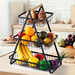 TEMU Modern Metal Fruit And Vegetable Basket With Detachable Bowl-shaped Storage And Wooden Handle For Kitchen Organization, Christmas/halloween Gift, Countertop, Bathroom