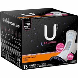 U By Kotex Ultra Thin Overnight Pads - With Wings - Individually Wrapped, Anti-Leak, Absorbent, Odor-Absorbing - 13Box - 1 Each