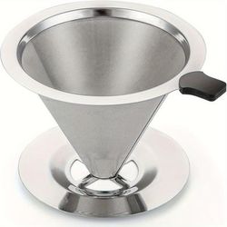 TEMU Pour Over Coffee Dripper Stainless Steel V60 Coffee Filter Metal Cone Filter Coffee Filter Single Cup Coffee Maker 1-2 Cup With Non-removable Base