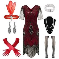Anni Ruggenti Anni 1920 Lunghezza al ginocchio Abito Flapper Costume da festa Manica illusione Maniche corte Il grande Gatsby Frangia con nappe Paillettes Nappa Scollo a V Costume Per donna Carnevale