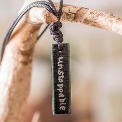 Unstoppable,'Inspirational Reversible Dark Green Jade Pendant Necklace'