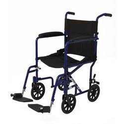Medline Basic Aluminum Transport Chair with Permanent Full-Length Armrests, Detachable Footrests and 8" Wheels, 300 lb. Capacity, 19" W, Blue, 1/CS (M