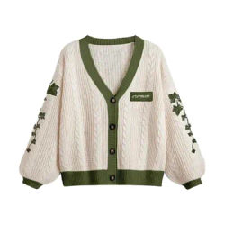 Pull en tricot torsadé boutonné pour femme, cardigan version Taylor, tenue vintage, vigne verte brodée, automne et hiver