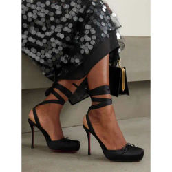 Sandales à talons hauts carrées en Satin pour femmes, avec bride à la cheville, chaussures à talons hauts pour fête et Banquet, nouvelle collection d'été