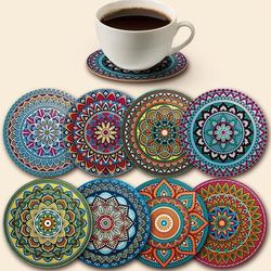 TEMU 8pcs Mandala Coasters, Wooden Coaster Set, Essential For Holiday Gatherings, Suitable For Bars, Offices, And Homes, Size 10cm X 10cm