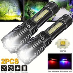 TEMU 2/4pcs Rechargeable Led Tactical Flashlight, 5 Lighting With Cob Side Red Light Flashligjt, Handheld Camping Flashligjt, Long , For Home Emergency, Mountain Climbing, Exploration, Fishing, Hiking