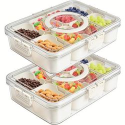 TEMU Set Of 2 Reusable Snack Containers Featuring A Lid And Handle, An 8-compartment Serving Tray, Ideal For Carrying Vegetables, Fruits, And Snacks, Great For Travel, Camping, And Picnics.