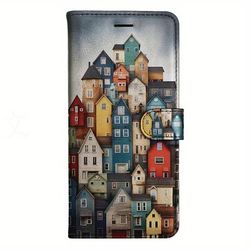 TEMU Building Pu Magnetic Flip Wallet Case With Card Holder Stand For Iphone 5/6/6s/7/8/x/xs/xr/se2 2020/se3 2022/11/12/13/14 Pro Max