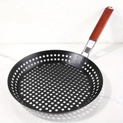 TEMU 1pc Cast Iron Round Grill Pan With Folding Handle - Bbq Grill For Outdoor Cooking, Heat Distribution, Durable & Easy To Clean, Grilling Meats, Vegetables, And More, Grilling Accessories