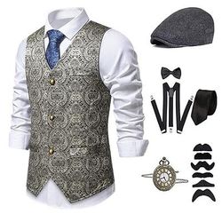 Anni 1920 Ispirato al vintage Il grande Gatsby Costume da festa Mascherata Set di accessori Senza maniche Stampa Senza colletto Costume Per uomo Halloween Festa Sera Casual Quotidiano Cravatta