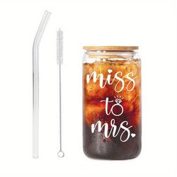 "TEMU Bride-to- Cup With Straw - 16oz "" Reusable Coffee Tumbler - Engagement Gift For Her -, Food-grade Borosilicate Glass, Hand Wash Only - Hot And Cold Drinks"