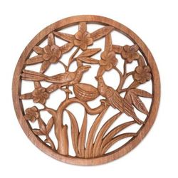 'Bird Floral and Leaf Relief Panel Hand-Carved from Wood'