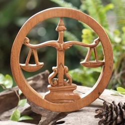 'Hand-Carved Round Wood Libra Zodiac Sign Wall Relief Panel'
