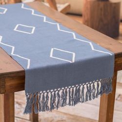 Weaving with Love,'Handloomed Cotton Table Runner in Blue with Diamond Patterns'