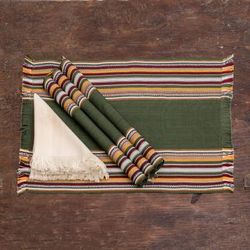 '4 Hand-Loomed Striped Green Cotton Placemat and Napkin Set'