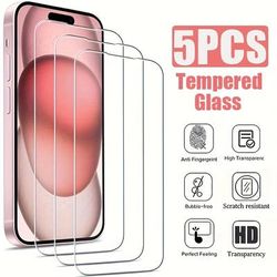 TEMU 5pcs For Iphone 16 15 14 11 Pro Max Tempered Glass Screen Protector With Full Coverage Anti Fingerprint High-definition