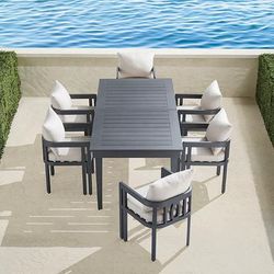 Porticello 7-pc. Dining Set in Matte Black Aluminum - Rain Dove - Frontgate