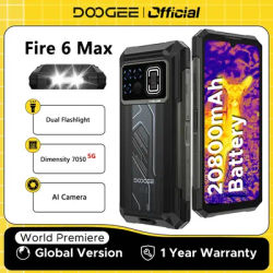 DOOGEE Fire 6 Max 5G Rugged Phone Dual Light Flashlight Dimensity 7050 6.72" Screen 8GB 256GB 20800mAh Battery Smartphone