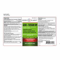 GERI-CARE PHARMACEUTICALS Geri-Tussin DM Cough Suppressant with Guaifenesin 200 mg and Dextromethorphan 20 mg, Sugar-Free, Alcohol-Free, 16 oz. Bottle