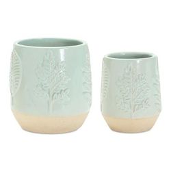 Two-Tone Porcealin Planter with Leaf Design (Set of 2) by Melrose in Green/tan
