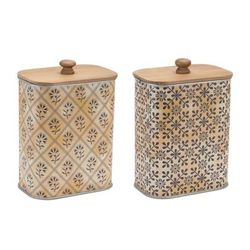 Geometric Canister with Natural Wood Lid (Set of 2) by Melrose in Black/beige