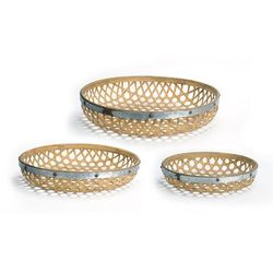 Round Woven Bamboo Tray with Galvanized Metal Accent (Set of 3) by Melrose in Brown Grey