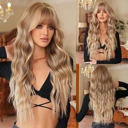 "TEMU Natural Feel, Chic Ombre Blonde To Gray Long Wavy Wig With Bangs For Women - 28" Heat Resistant Synthetic Curly Wave, Natural Looking For Daily Use & Parties, Wig|wavy Bangs|heat Resistant Fiber"