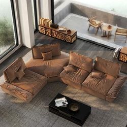 Modern Large Brown Pet-Friendly Sectional L-Shape Oversized Couch with Adjustable Backrest, Vintage Extra Deep Seating, Reclining Sleeper Sofa